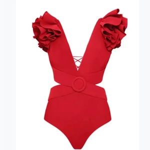 Deep V Red Cutout One Piece Swimsuit and Skirt
Only Red One Piece/L
